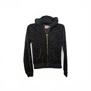 Juicy Couture Y2K Black Monogram‎ Velour Track Zip Jacket Size Med Gold Zipper